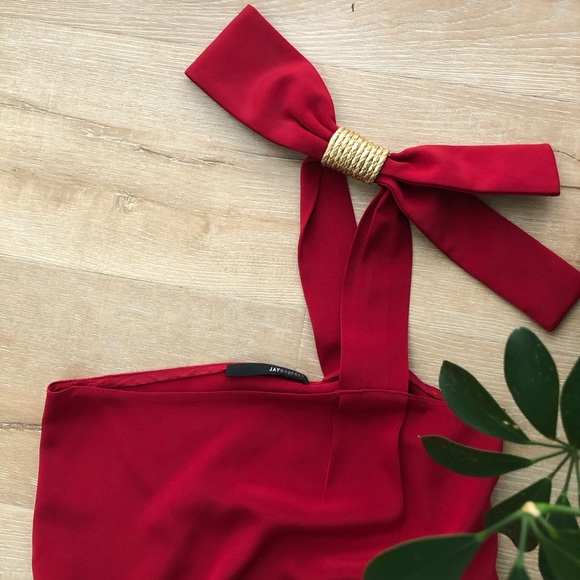 One Shoulder Red Silk Dress w. Decorative Strap - Picture 2 of 5